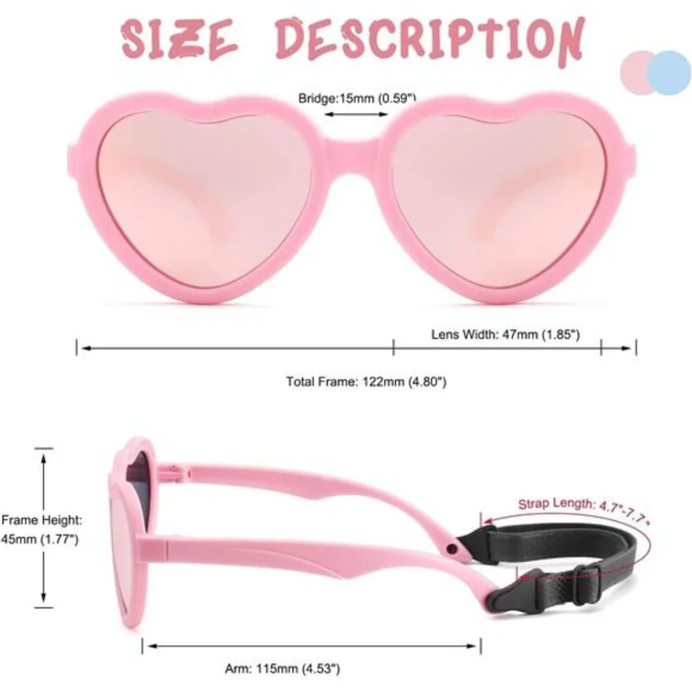 Kids‎ Polarized Sunglasses with Strap - TPEE Rubber Flexible Heart Eyeglasses